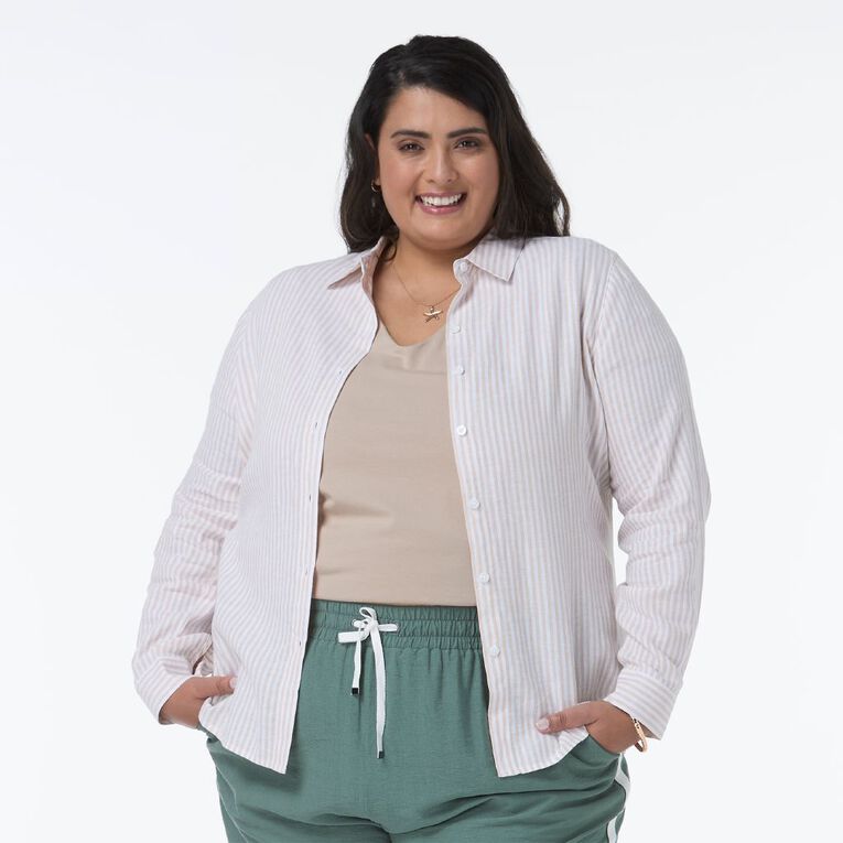 H&H Women's Long Sleeve Essential Linen Blend Shirt, Brown Light DOE STRIPE, hi-res