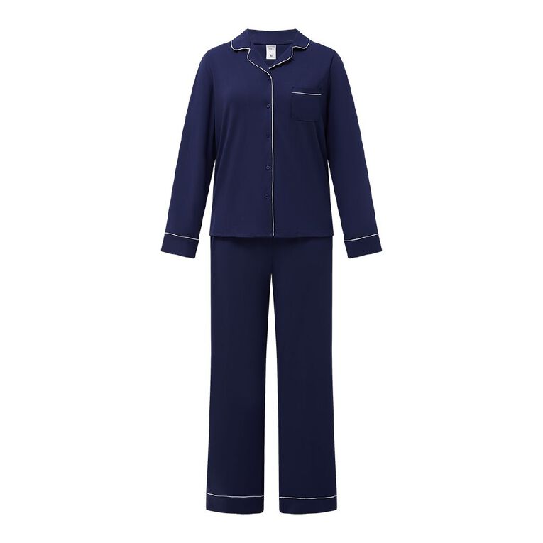 H&H Women's Comfy Button Up Long Sleeve Pyjama Set, Blue Dark, hi-res
