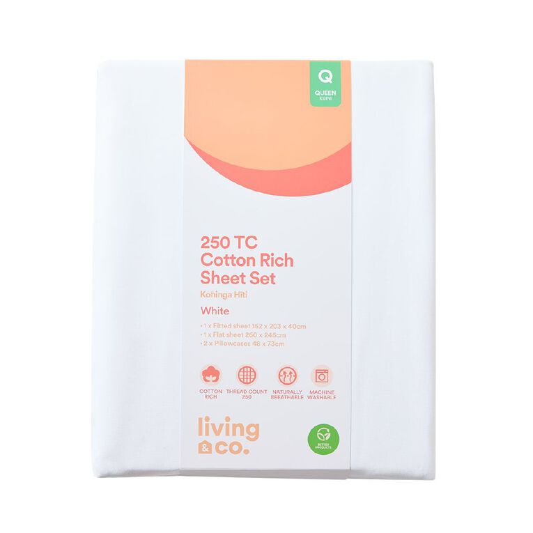 Living & Co Cotton Rich 250TC Sheet Set White King, White, hi-res