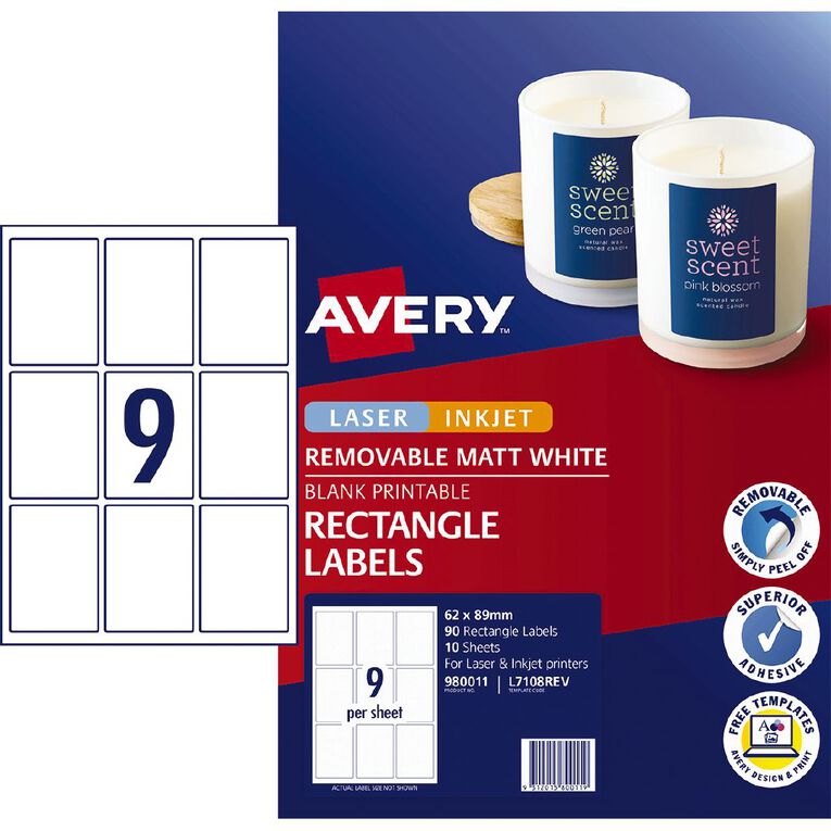Avery Removable Matt Rectangle Labels 62 x 89 mm 90 Labels, , hi-res