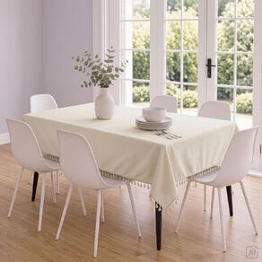 Living & Co Tablecloth Linen Look Tassle Edge Natural 150cm x 225cm