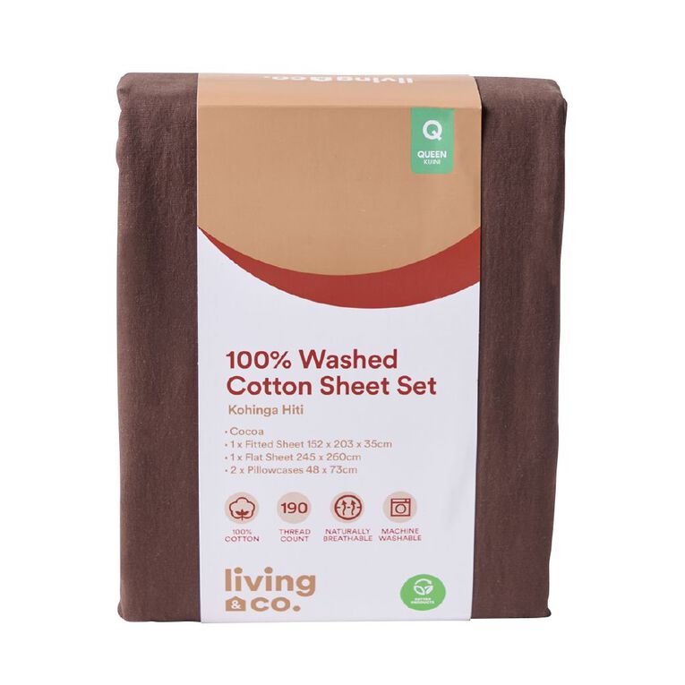 Living & Co 100% Washed Cotton Sheet Set Brown Mid Queen, , hi-res