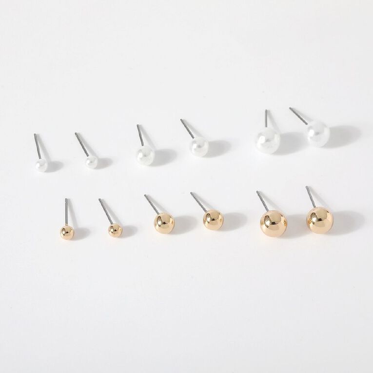 Pearl Ball Stud Earrings 6 Pairs, , hi-res