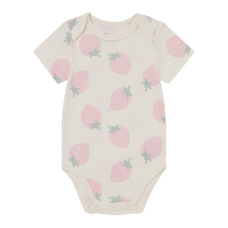 Young Original Babies' Short Sleeve Printed Bodysuit 3 Pack, Cream STRAWBERRY, hi-res