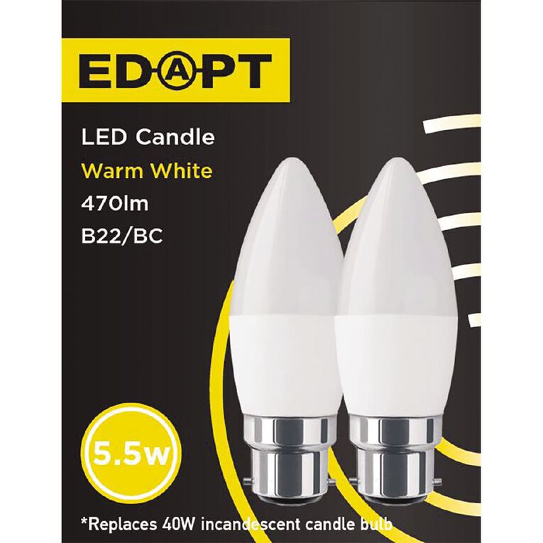 Edapt LED B22 Candle Light Bulb 5.5W Warm White 2 Pack, , hi-res