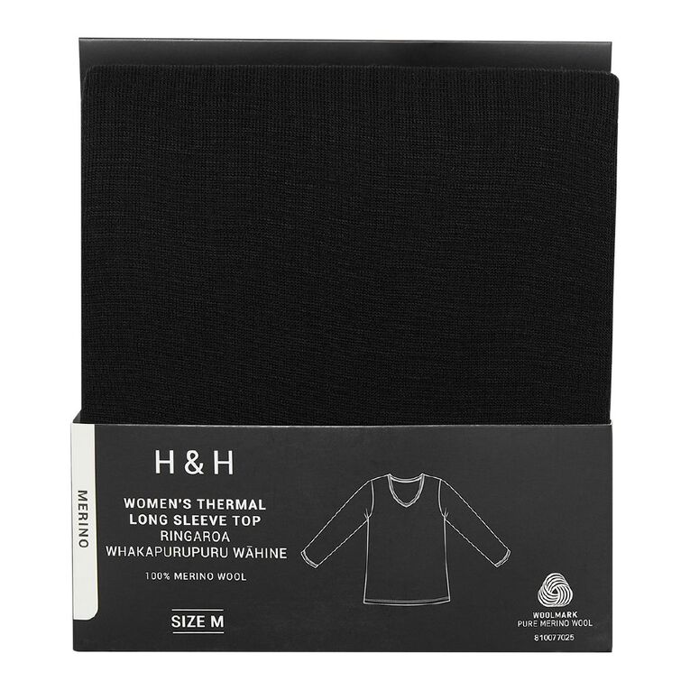 H&H Women's Merino Thermal Long Sleeve Top, Black, hi-res