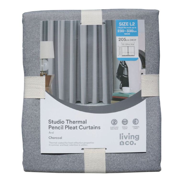 Living & Co Studio Curtains Charcoal 150-230cm Wide/160cm Drop, Charcoal, hi-res