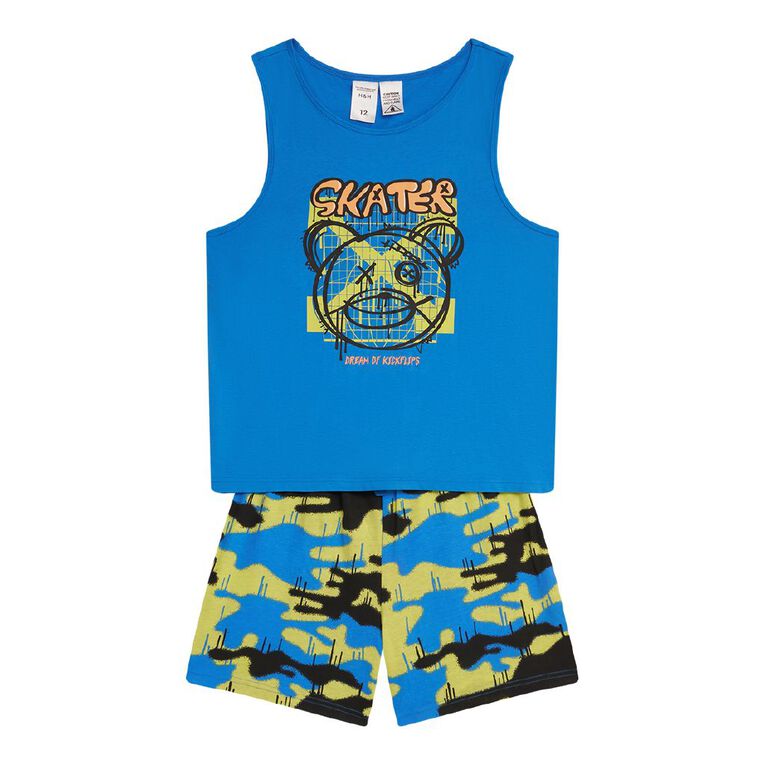 H&H Boys' Singlet and Shorts Pyjama Set, Blue Mid, hi-res