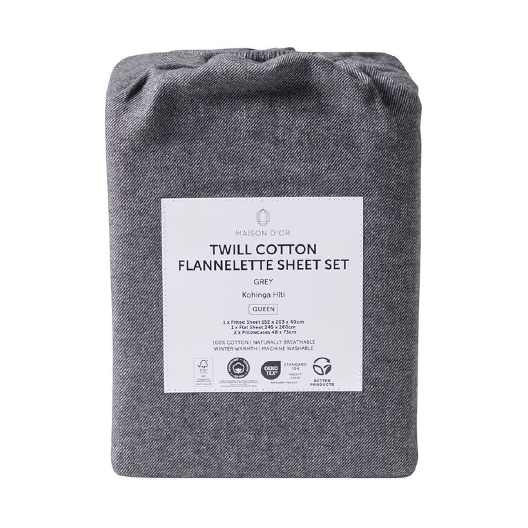 Maison d'Or Cotton Twill Flannelette Sheet Set Grey Queen, , hi-res