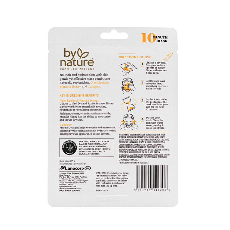 By Nature Manuka Honey and Collagen Sheet Face Mask 25ml, , hi-res