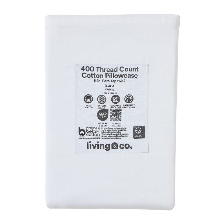 Living & Co Euro 400TC Cotton Sateen Pillowcase White, , hi-res