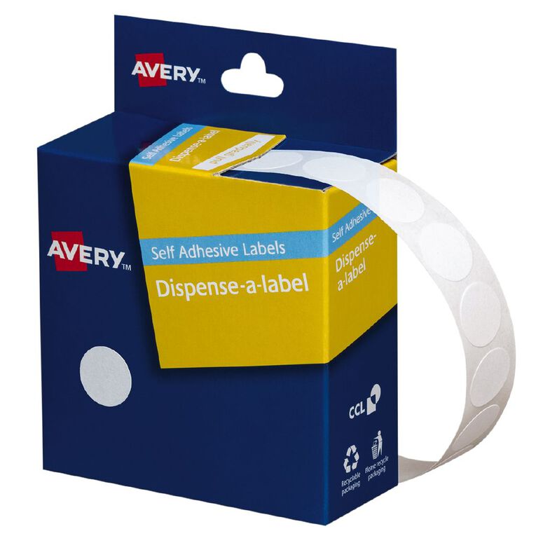 Avery Dispenser Dot Handwritable 1200 Labels White 14mm Diameter, , hi-res