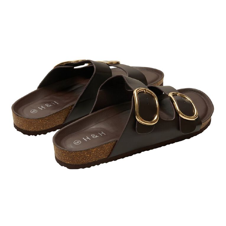 H&H Women's Ada Double Buckle Slides, Brown, hi-res