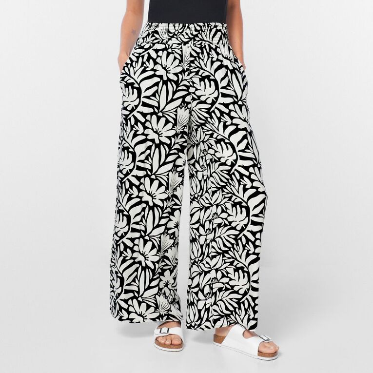 H&H Women's Shirred Waist Wide Leg Pants, Black/White, hi-res