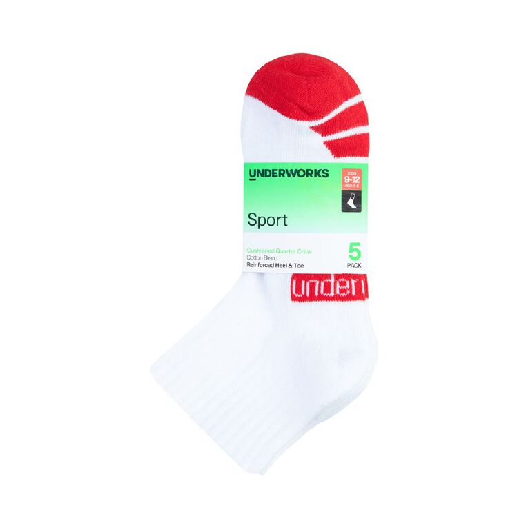 Underworks Boys' Cushioned Sport Quarter Crew Socks 5 Pack, White, hi-res