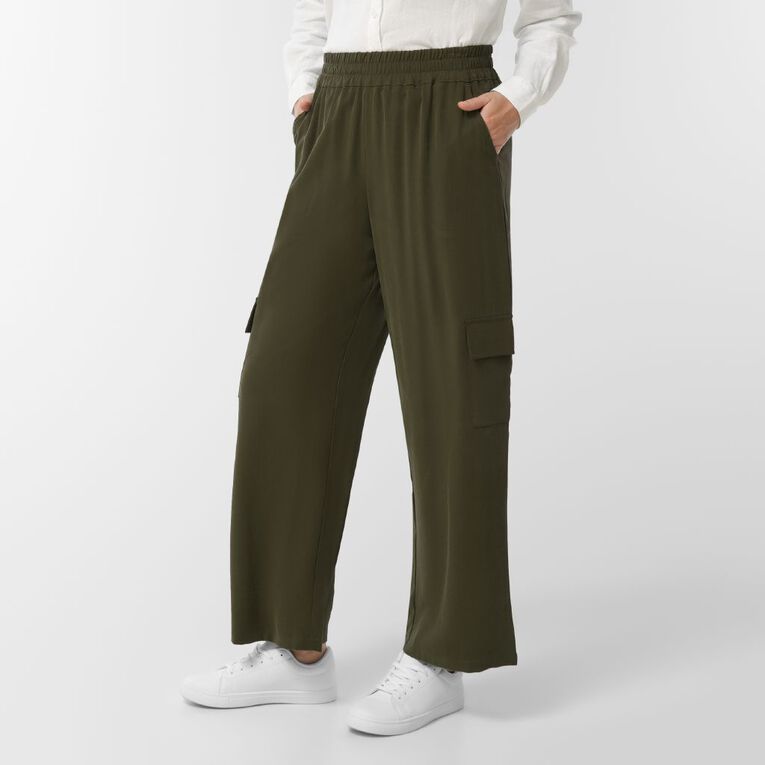 H&H Women's Twill Wide Leg Relaxed Cargo Pants, Green Dark, hi-res