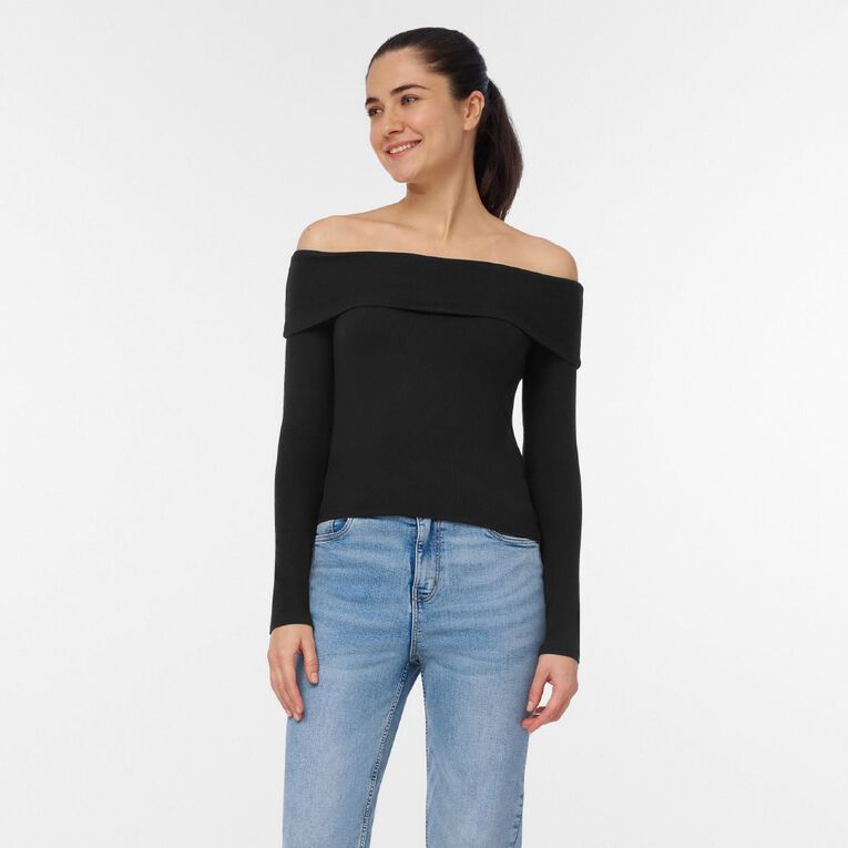 H&H Women's Long Sleeve Rib Bardot Top, Black, hi-res