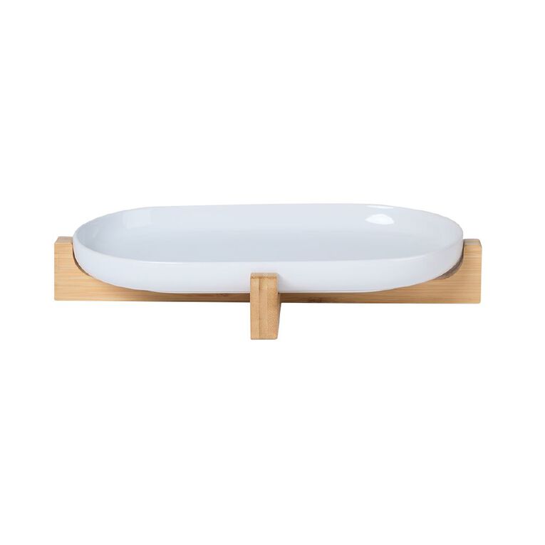 Living & Co Oval Platter with Wooden Stand White 43cm, , hi-res