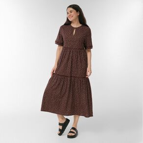 H&H Women's Crew Neck Slub Tiered Midi Dress with Lace Trim