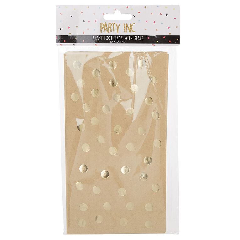 Party Inc Kraft Loot Bags with Seals Gold Spots 21.5cm x 12cm 4 Pack, , hi-res
