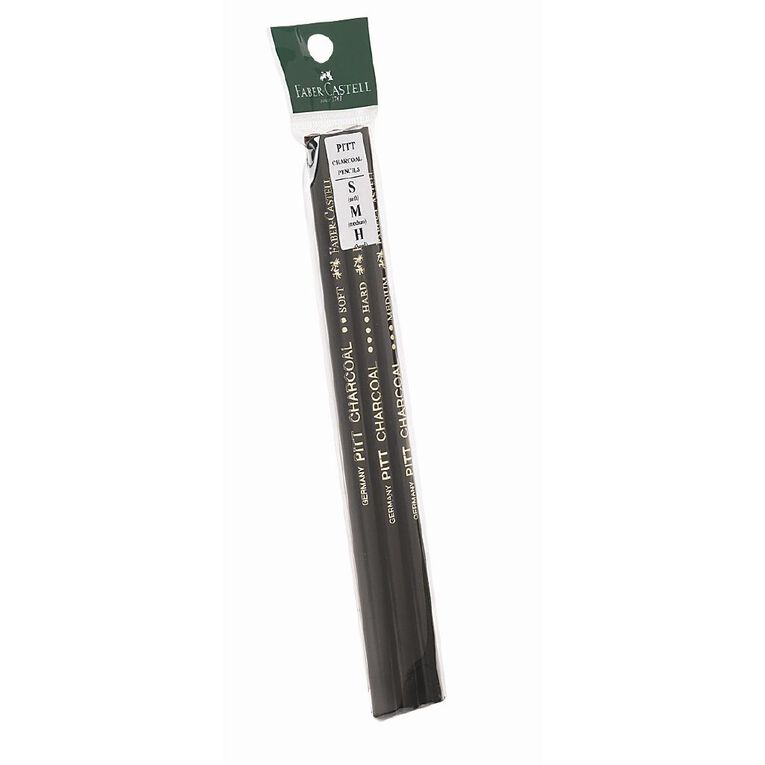 Faber-Castell Pitt Charcoal Pencils S M H 3 Pack Black, , hi-res