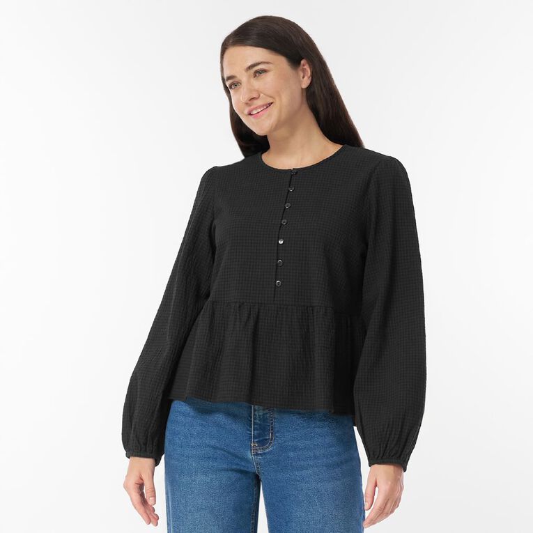 H&H Women's Long Sleeve Button Through Blouse, Black, hi-res