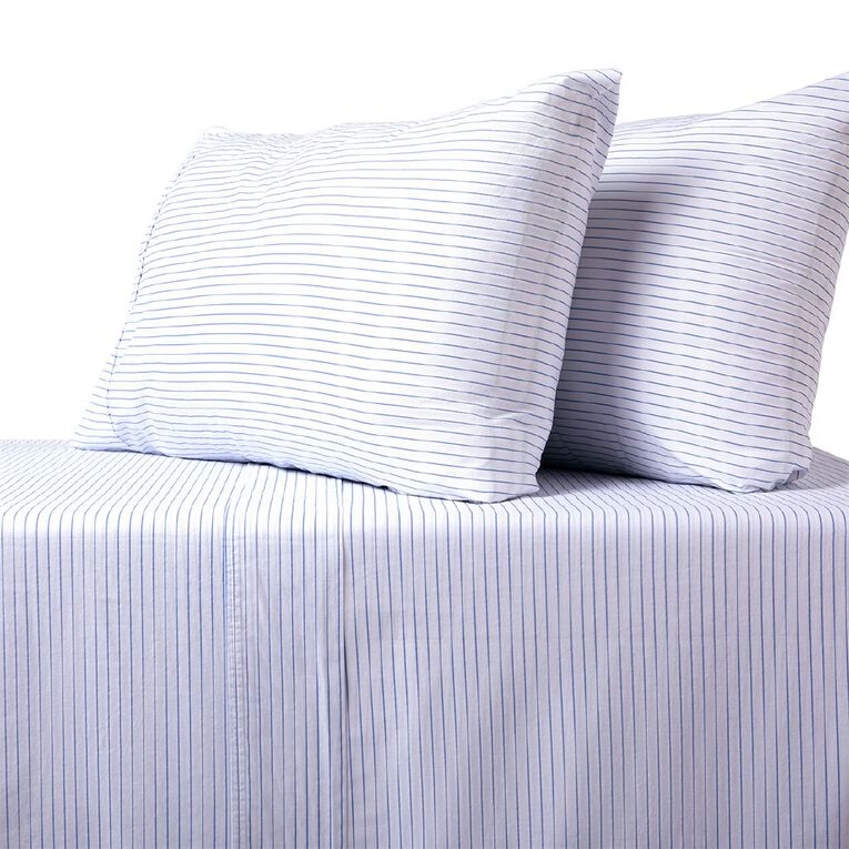 Living & Co 100% Washed Cotton Sheet Set Stripe Blue King Single, Blue, hi-res