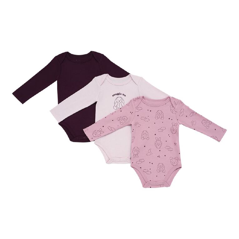Young Original Babies' Long Sleeve Printed Bodysuit 3 Pack, Pink Light BUNNY, hi-res