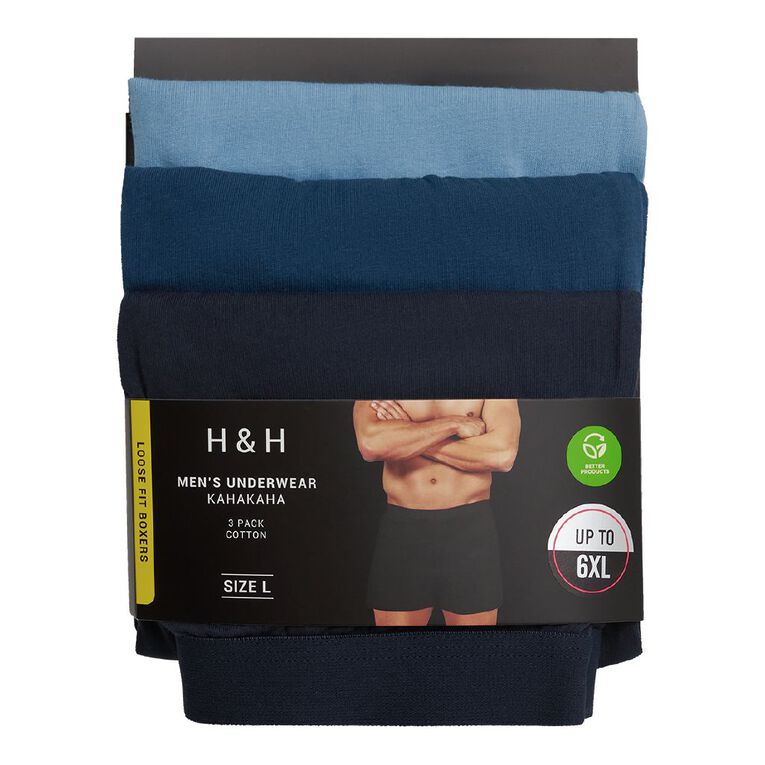 H&H Men's Loose Knit Boxers 3 Pack, Blue/Navy, hi-res