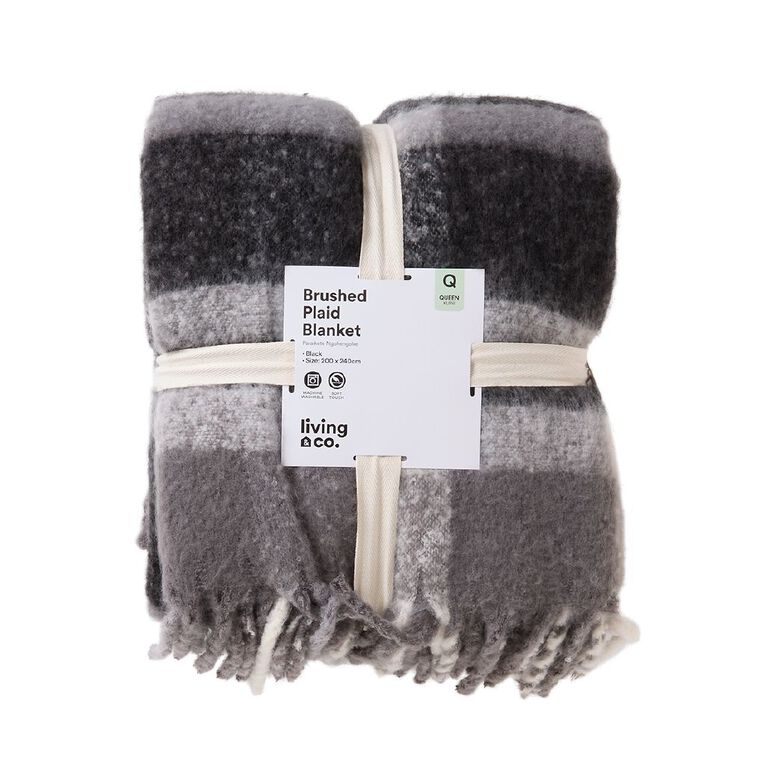 Living & Co Super Soft Plaid Blanket Black Queen, , hi-res