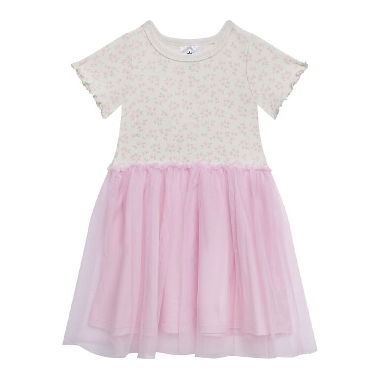 Young Original Toddler Short Sleeve Rib Tulle Dress, Pink Light, hi-res