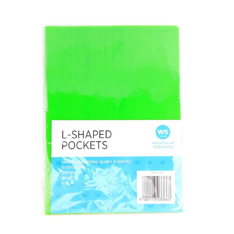 WS L-shaped Pockets 10 Pack Green A4, , hi-res