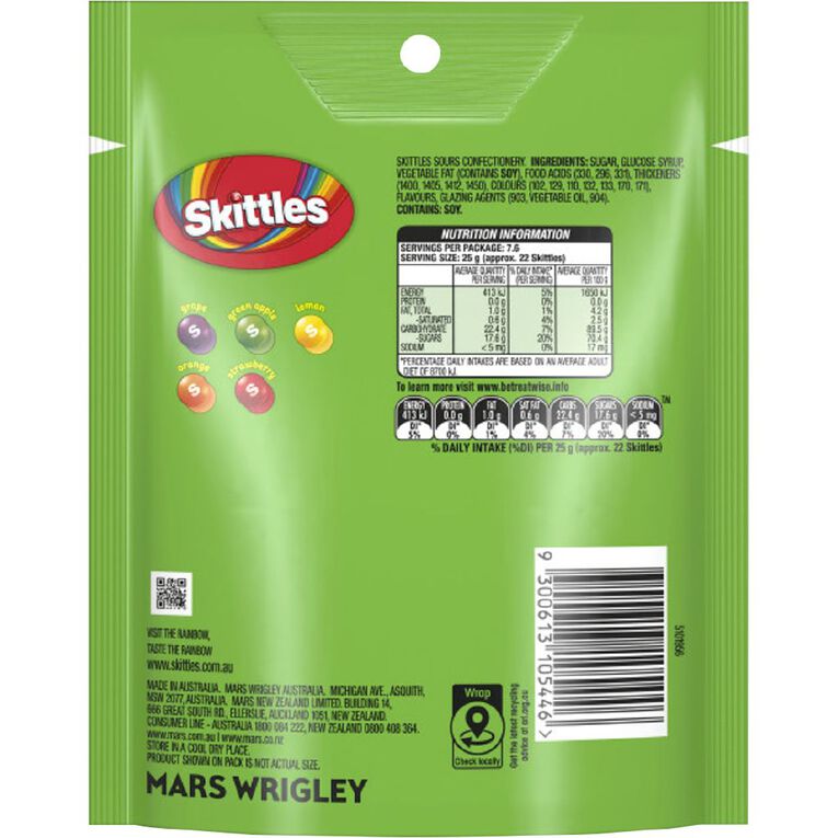 Skittles Sours Lollies Large Bag 190g, , hi-res