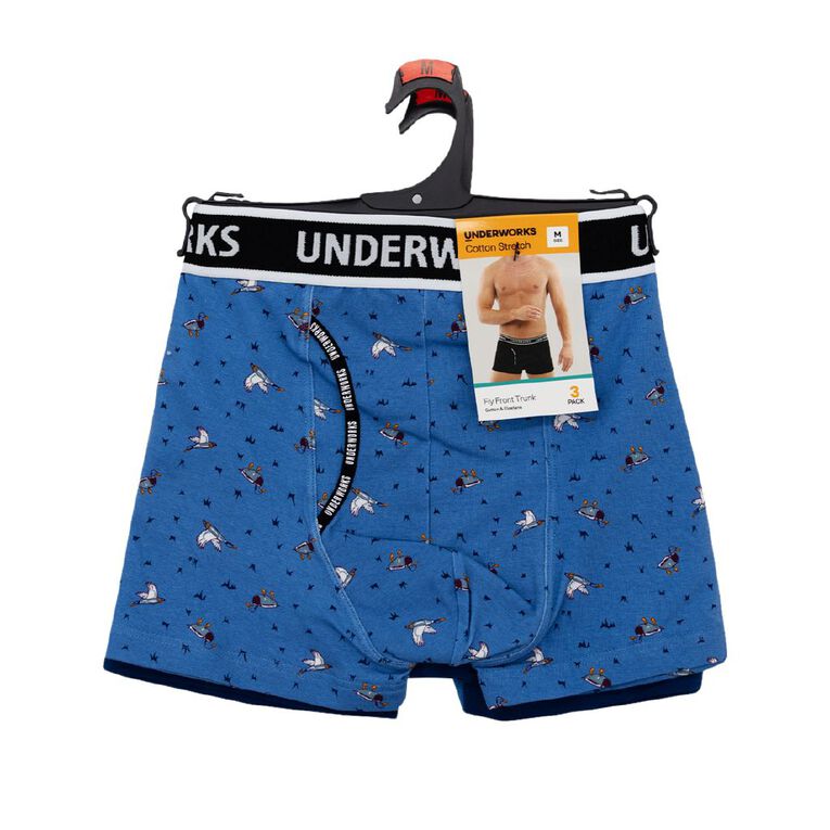 Underworks Men's Fly Front Trunks 3 Pack, Blue/Navy, hi-res
