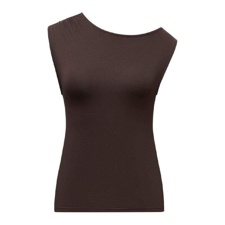 Garage Women's Contour Off Shoulder Ruched Top, Brown Dark, hi-res