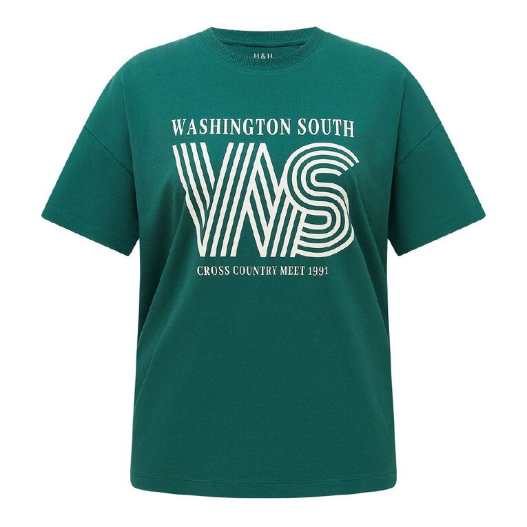 H&H Women's Short Sleeve Boyfriend Graphic Tee, Green Mid, hi-res