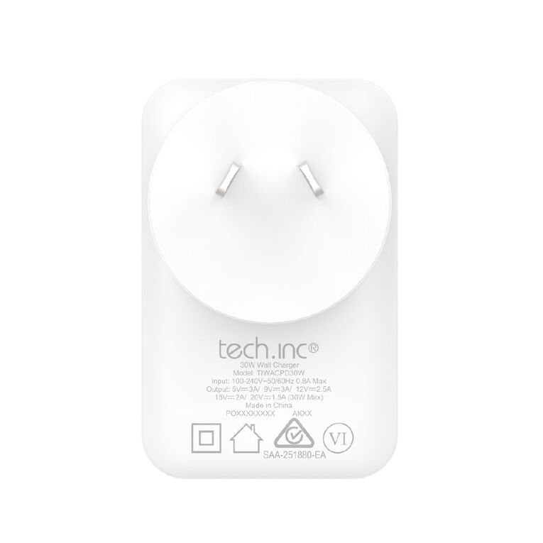 Tech.Inc PD 30W Wall Charger with Right Angle AU Plug TIWACPD30W, , hi-res