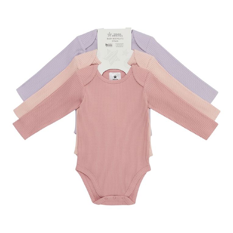 Young Original Baby's Long Sleeve Rib Bodysuit 3 Pack, Pink Mid, hi-res