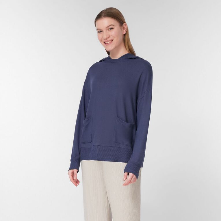 H&H Women's Soft Touch Hooded Pyjamas Top, Blue Dark, hi-res