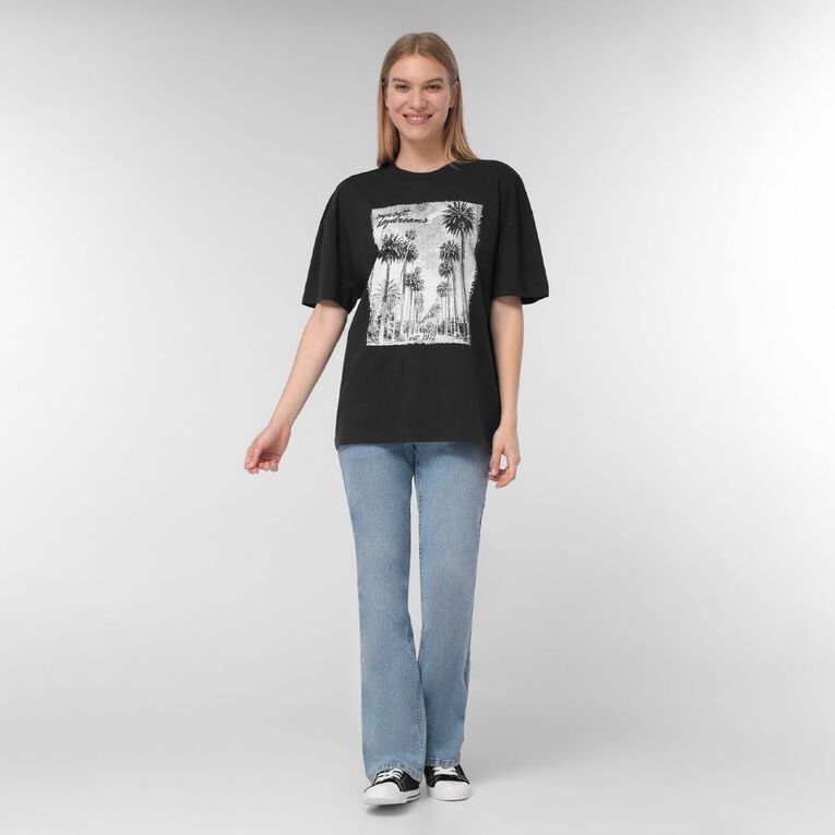 H&H Women's Shorts Sleeve Boyfriend Graphic Tee, Grey Dark Palms, hi-res