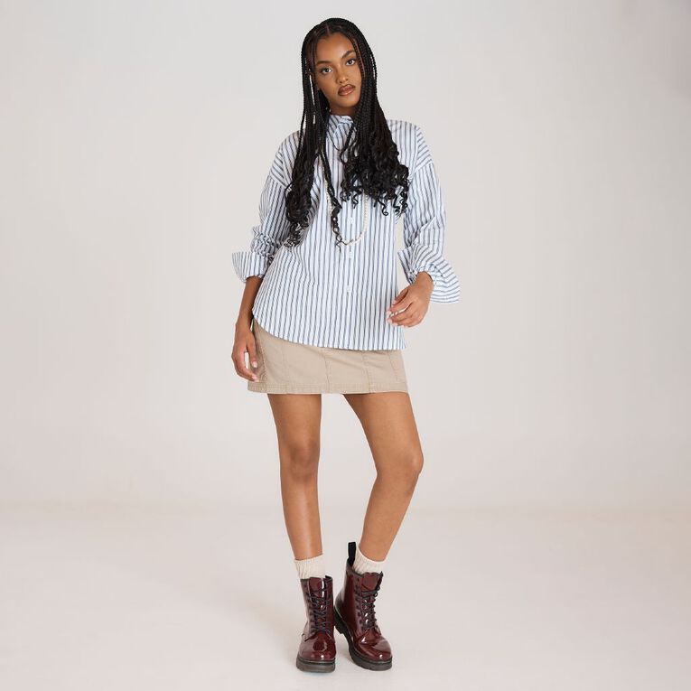 BRDRLESS Drew Tie Waist Shirt, White/Navy, hi-res