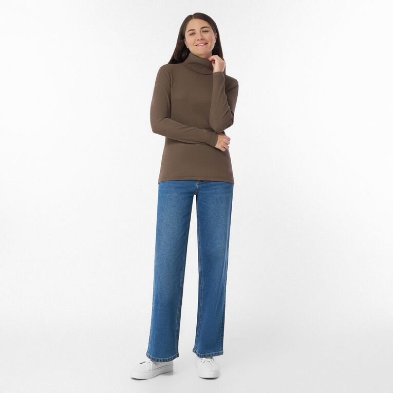 H&H Women's Long Sleeve Classic Rib Skivvy, Brown Mid, hi-res