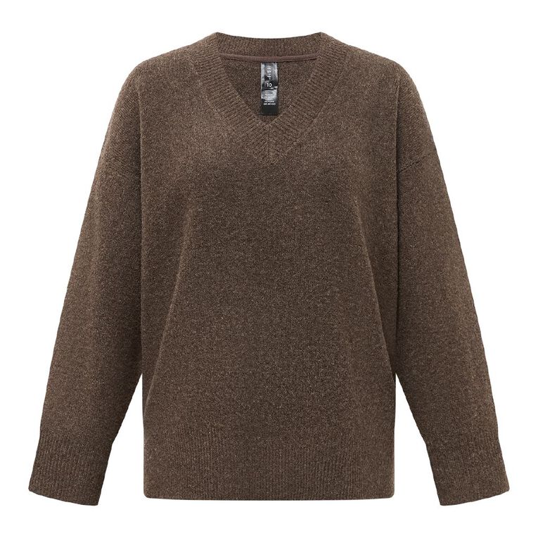 H&H Women's Relaxed V Neck Jumper, Brown Dark, hi-res