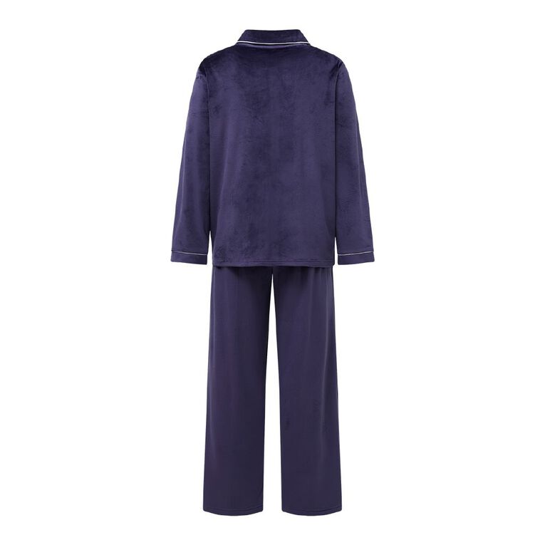 H&H Men's Soft Mink Button Up Pyjama Set, Blue Dark, hi-res