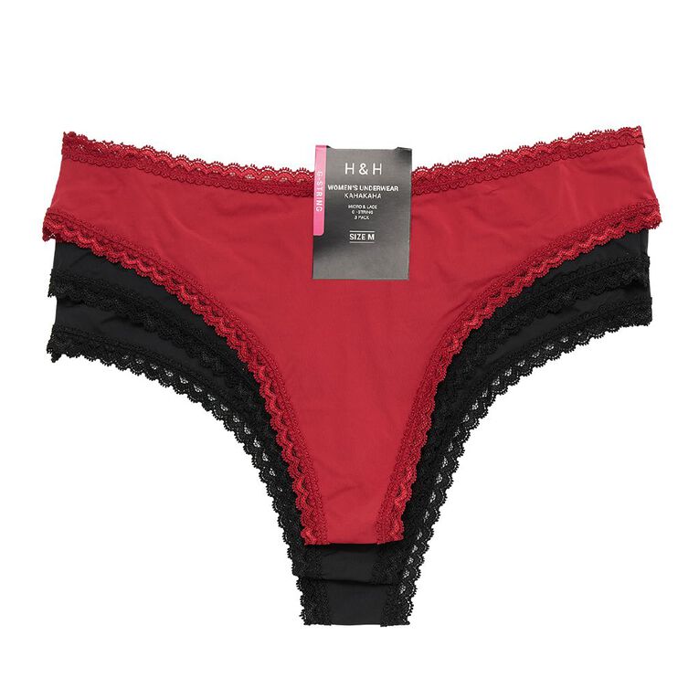 H&H Women's Micro and Lace G-String Briefs 3 Pack, Black/Red, hi-res