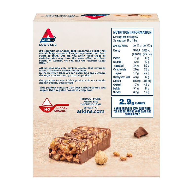 Atkins Hazelnut Crisp Bar 37g 5 Pack, , hi-res