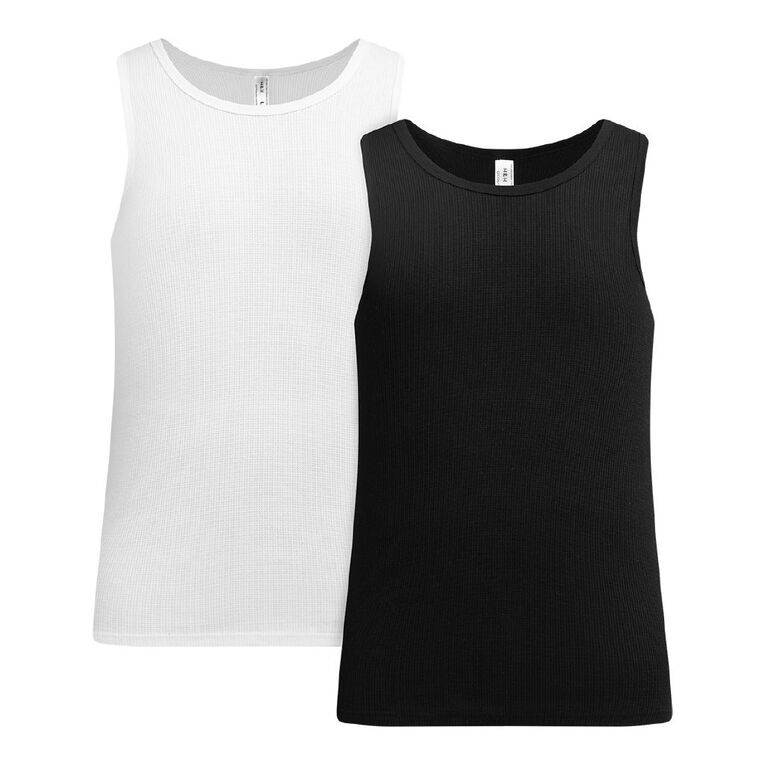 H&H Men's Waffle Singlet 2 Pack, Black/White, hi-res