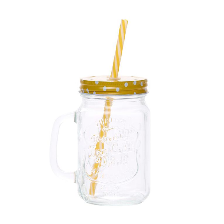 Living & Co Glass Mason Jar with Straw Clear 480ml, , hi-res