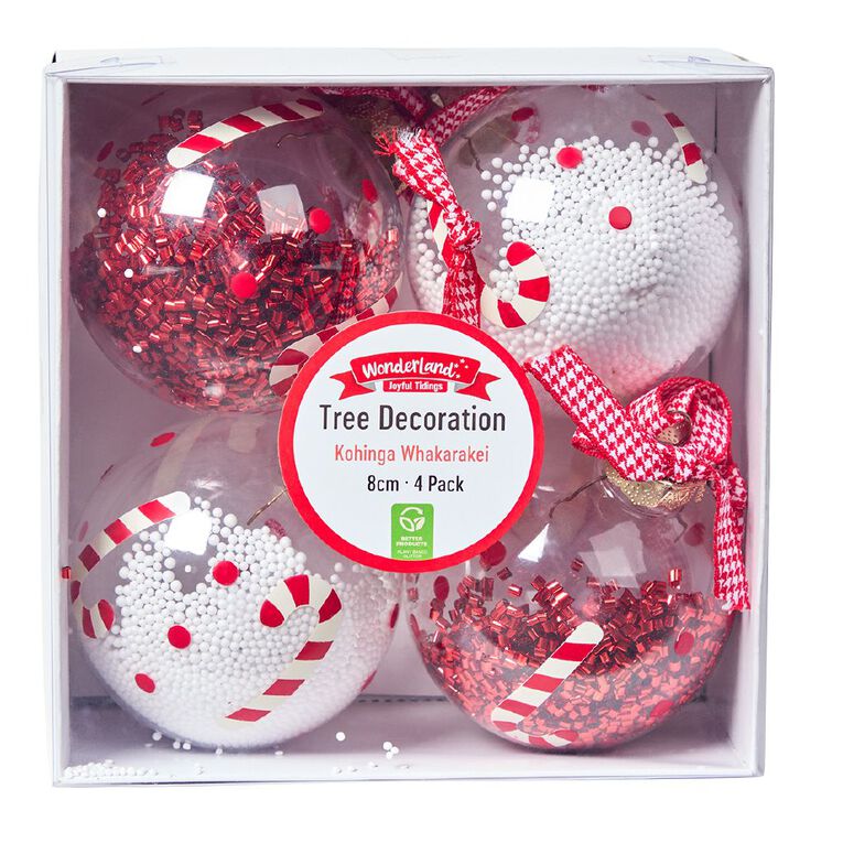 Wonderland Joyful Tidings Snowy Christmas Baubles 8cm 4 Pack, , hi-res