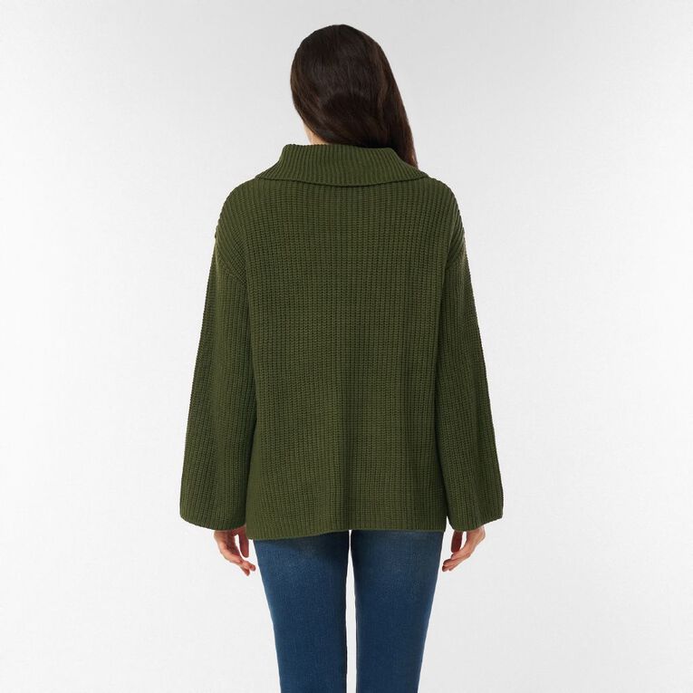 H&H Women's Quarter Zip Rib Knit Jumper, Green Dark, hi-res